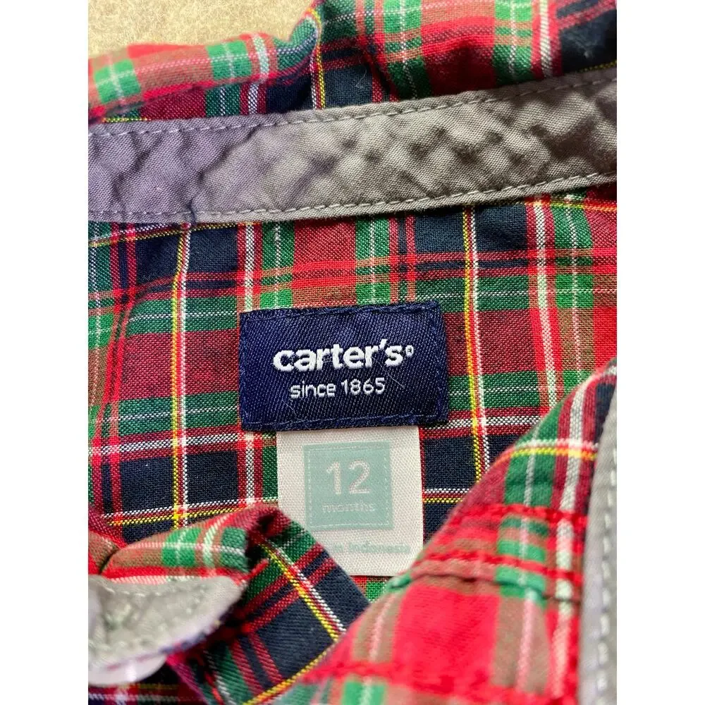 Carter's Holiday Red/Green/Blue Plaid Button Up Shirt Size 12 Months
